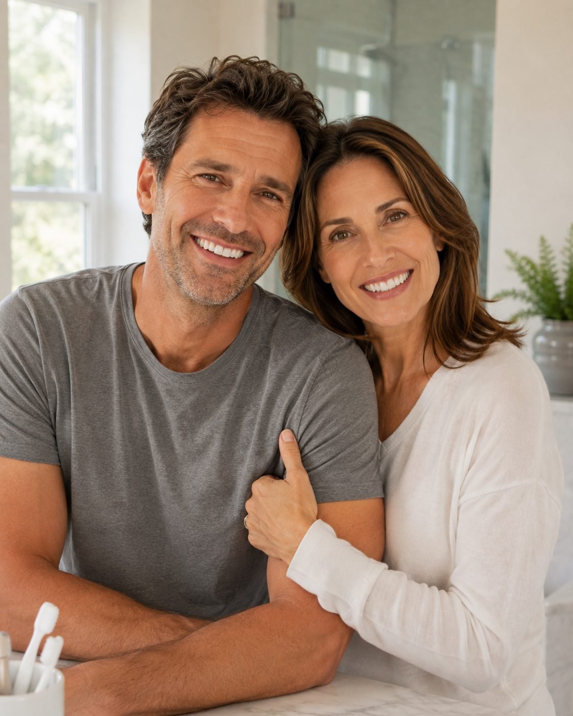 Smiling middle-aged couple standing close together in a bright bathroom